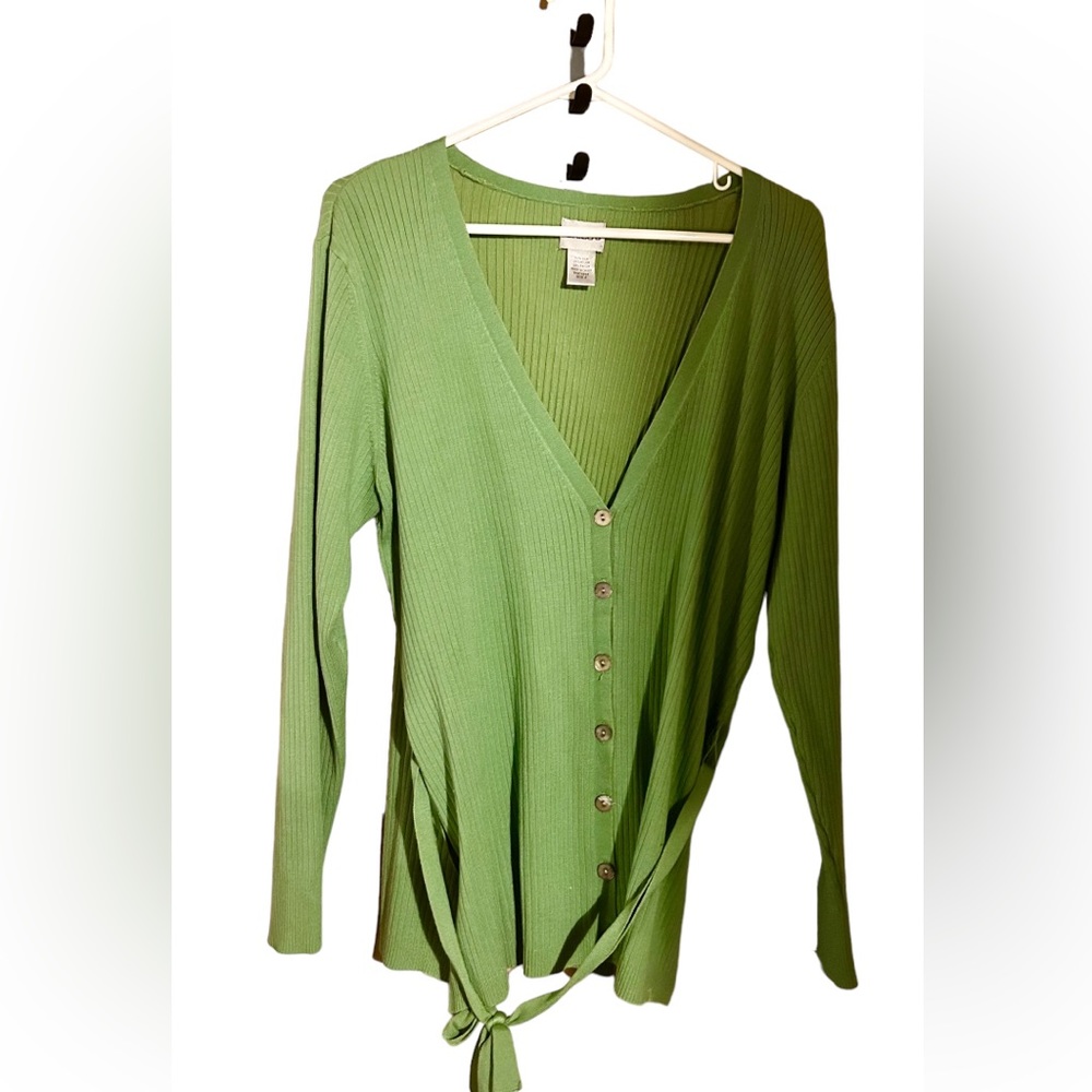 Chico’s Women’s long green belted cardigan in size 2 - Large.